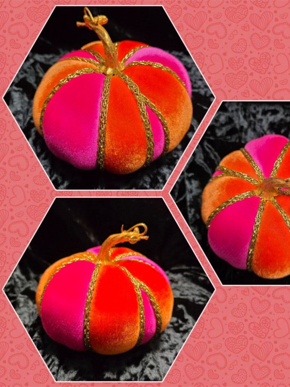 Orange and Hot Pink Velvet Pumpkin, Gold Cord Trim, Handcrafted - Picture 5 of 6